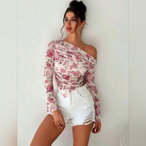 Firerie Women's Elegant Floral Print Long Sleeve Asymmetrical Hem Blouse